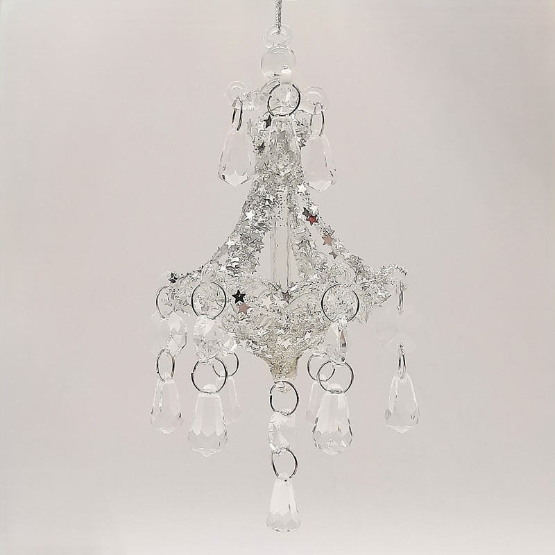 Glas Kronleuchter 14cm, Chandelier silberner Sternglitzer - Glaschristbaumschmuck